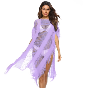 Sexy purple crochet beach cover-up with fringe tassels and hollow-out knit design