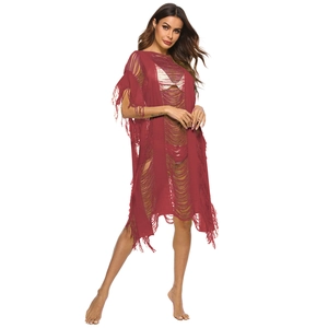 Sexy dark red crochet beach cover-up with hollow mesh design and long fringe tassels