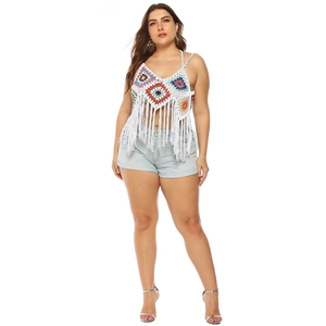 Plus size white crochet boho halter top with colorful geometric patterns and long tassels