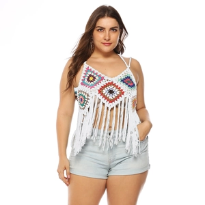 Bohemian white crochet halter top with colorful diamond patterns and long tassels