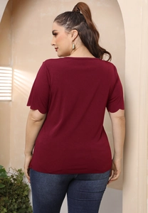 Women's wine red V-neck T-shirt with stylish scalloped edges shown from a back view