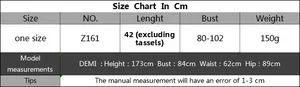 Detailed size chart for handmade crochet tassel top including bust and length dimensions