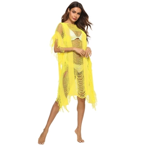 Sexy neon yellow hollow out beach cover-up with long tassels and fringe details