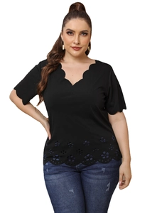 Plus Size Women V Neck Short Sleeve T-Shirt Scalloped Edge Laser Cut Hollow Out Flower Casual Relaxed Knit Top For Summer