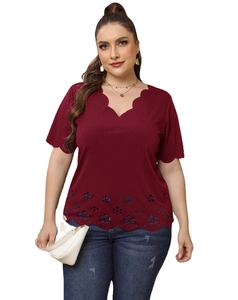 Women's plus size burgundy short sleeve V-neck top with scalloped trim and cutout hem