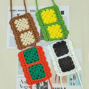 Handmade Crochet Mini Crossbody Phone Bag Vintage Granny Square Patchwork Woven Small Shoulder Bag For Women Travel Casual