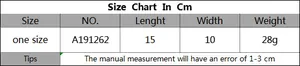 Detailed size chart for handmade woven bag showing length of 15cm and width of 10cm