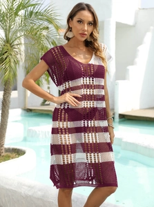 Close-up of burgundy and white striped crochet knit pattern on hollow beach cover-up