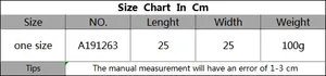 Size chart table for handmade crochet bag showing dimensions of 25x25 cm and weight of 100g