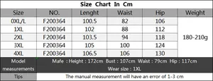 Detailed size chart for floral leggings from 0XL to 4XL with model body measurements