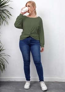 Plus size olive green long sleeve t-shirt featuring an irregular twist waist and round neck