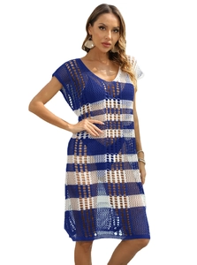 Women's blue and white striped crochet beach cover-up dress with V-neck and open knit
