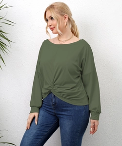 Close-up of olive green long sleeve top featuring a chic waist twist knot and pleated detail