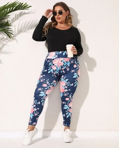 Women Plus Size Floral Print Leggings High Waist Stretchy Skinny Pants Casual Brushed Slimming Trousers Plus Size Bottoms