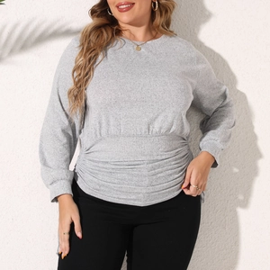 Detail view of the gray ruched waist design on this long sleeve casual sweatshirt