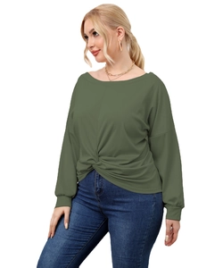 Plus size olive green long sleeve t-shirt with twist knot detail and crew neck