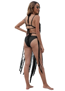 Women's black halter tassel beach dress with open back and long fringe details