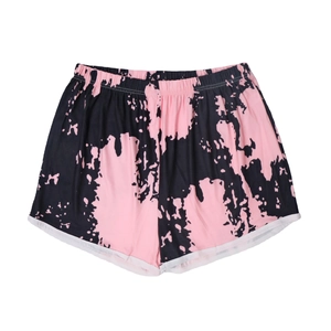 Women's pink and black tie-dye beach shorts with elastic waist and white piping trim