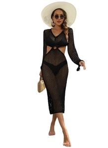 Damen Sexy Häkeln Strandkleid Cover Up Ajouré Rückenfrei V-Ausschnitt Langarm Strick Midi Kleid Für Sommerurlaub