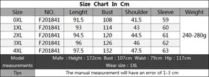 Detailed size chart for women's plus size long sleeve top with measurements from 0XL to 4XL