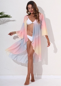 Detailed view of lightweight tie-dye mesh chiffon beach cover-up with flowy sleeves