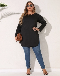 Women Plus Size Long Sleeve Scalloped Neck T-Shirt Casual Solid Color Side Slit Curved Hem Tunic Top Fashion Plus Size Clothing
