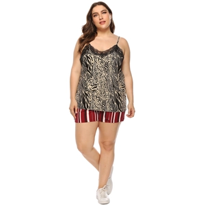 Vêtements de Détente Grande Taille Femme Imprimé Animal Dentelle Camisole Et Short à Rayures Pyjama Haut Sans Manches