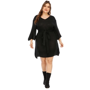 Elegant black V-neck knit dress with bell sleeves and adjustable drawstring waistline