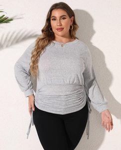 Women's plus size grey long sleeve sweatshirt with adjustable ruched waist and crew neck