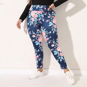 Close-up of floral print high waist leggings for women in navy blue and pink pattern