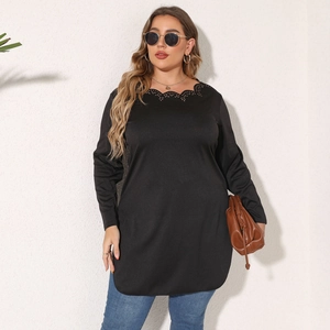 Women's plus size long sleeve tunic top with laser-cut hollow neckline in black color