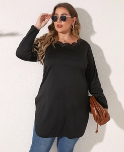 Women's plus size black long sleeve top with scalloped hollow neckline and side slits