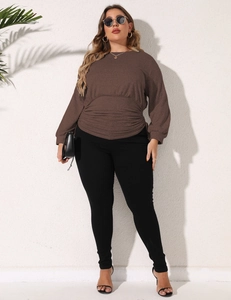 Coffee brown ruched waist sweatshirt with black leggings plus size casual outfit for women