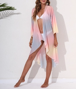 Detail of macaron gradient chiffon beach cover-up with light pink, yellow and blue hues