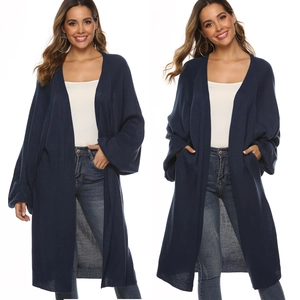 Women's Long Knit Cardigan Loose Batwing Sleeve Open Front Sweater Outerwear With Pockets Casual Navy Blue Knitwear