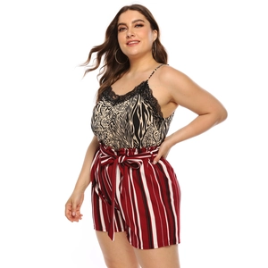 Ensemble caraco léopard grande taille avec dentelle et short rayé bordeaux à nœud taille