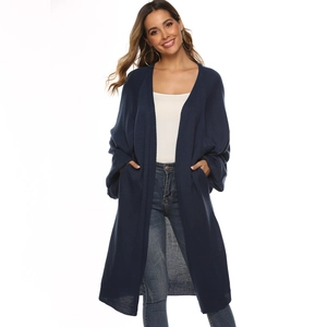Navy blue oversized knit cardigan with flared sleeves and relaxed fit for women