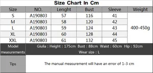 Detailed size chart for V-neck knit top showing length, bust, and sleeve measurements