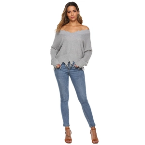 Women Casual Distressed V Neck Knit Sweater Off Shoulder Long Sleeve Ripped Pullover Top Tassels Streetwear Knitwear