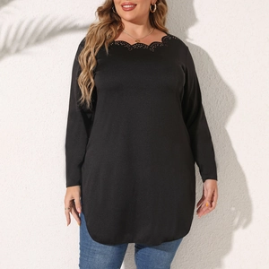 Detail of laser-cut hollow lace neckline on a black long sleeve plus size women's top