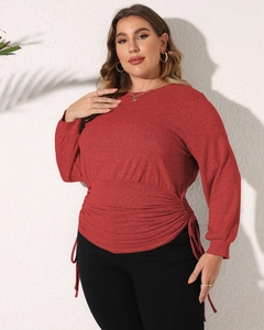 Women plus size long sleeve tunic top in deep red with ruched adjustable waist detail