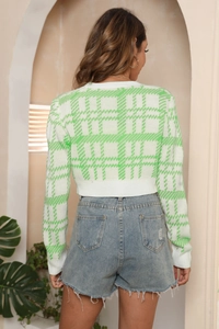 Vue arrière d'un gilet court en maille à carreaux verts et blancs avec short en denim