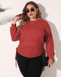 Detail of plus size ruched drawstring waist in brick red long sleeve sweatshirt