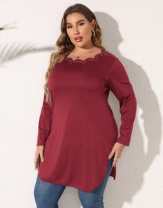 Women's plus size long sleeve tunic in deep wine red with hollow-out neckline detail