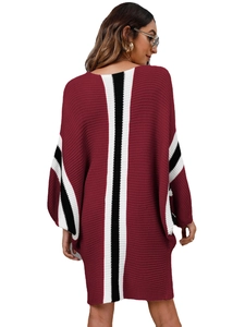 Loose batwing sleeve knit sweater dress with contrast stripes on back and cuffs