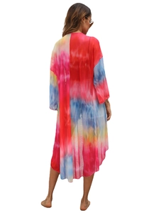 Colorful tie-dye print mesh beach cover-up with irregular hem and flowing sleeves