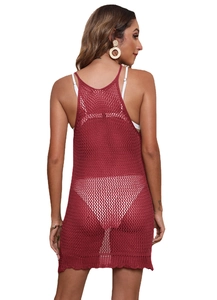 Robe de plage au crochet bordeaux avec maille ajourée et dos nu pour les vacances d'été
