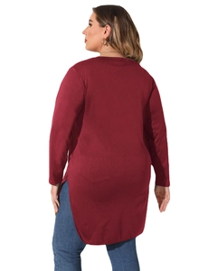 Back view of women's wine red plus size long sleeve top with side slits and curved hem