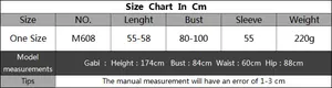 Tableau des tailles détaillé pour pull en maille col V femme avec mesures et infos mannequin