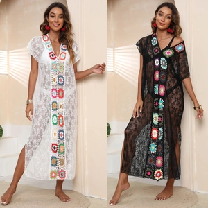 Cache-Maillot de Plage en Dentelle au Crochet pour Femme Sexy Col en V Robe Maxi Ajourée Fleur Colorée Fente Latérale Bohème